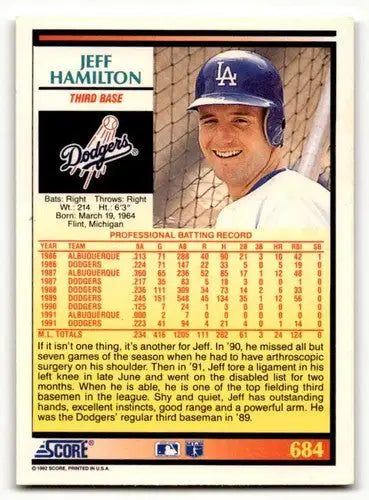1992 Score #684 Jeff Hamilton Los Angeles Dodgers Baseball Cards EX/ ID:55104 - Baseball Card Single