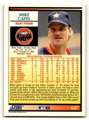 1992 Score #687 Mike Capel Houston Astros Baseball Cards EX/NM ID:58562 - Baseball Card Single