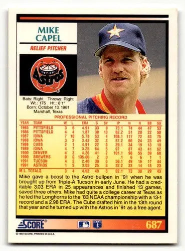 Original gloss 1992 Score Mike Capel Houston Astros baseball card featuring Mike Capel Houston