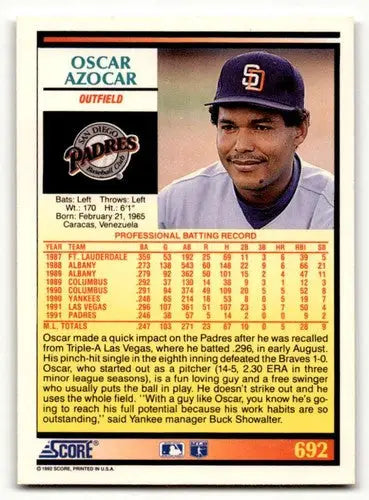 Original gloss Oscar Azocar San Diego Padres baseball card 1992 Score #692 azocar san diego