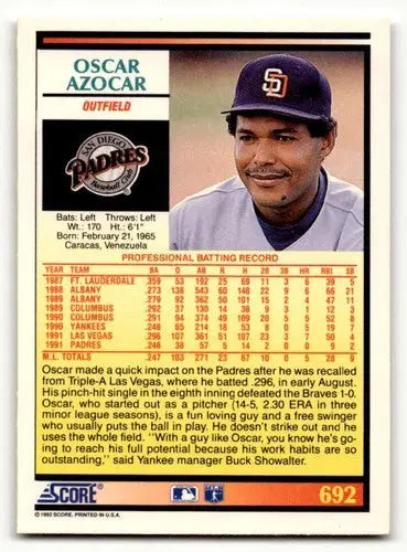 Oscar Azocar San Diego Padres baseball card from 1992 Score #692, EX/NM condition