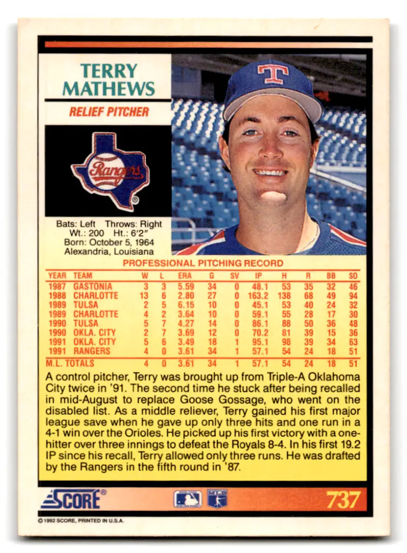1992 Score #737b Terry Mathews EX Excellent ERR RC Rookie Rangers ID:70096 - Baseball Card Single
