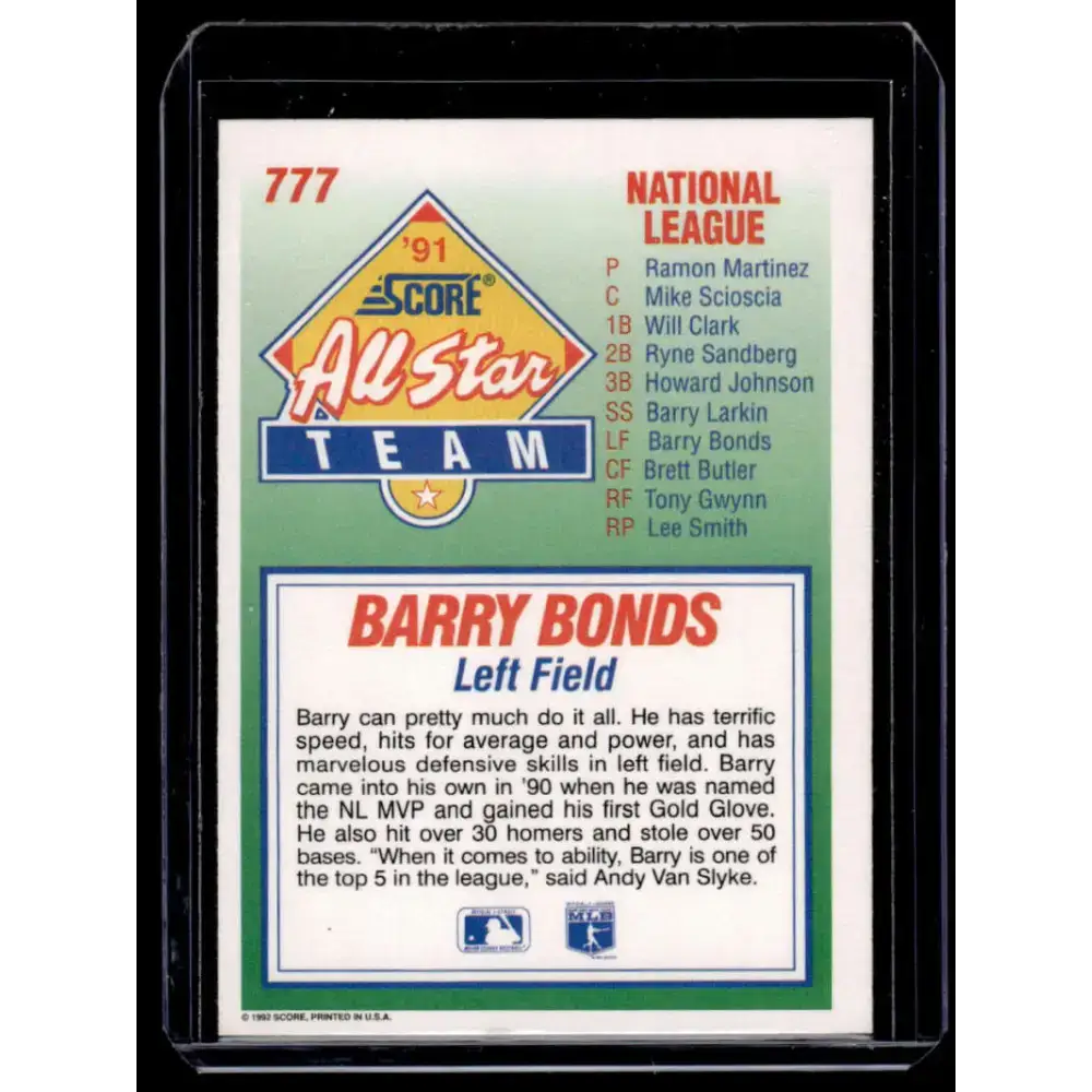 1992 Score #777 Barry Bonds Pittsburgh Pirates NM-MT Baseball Card - Baseball Card Single