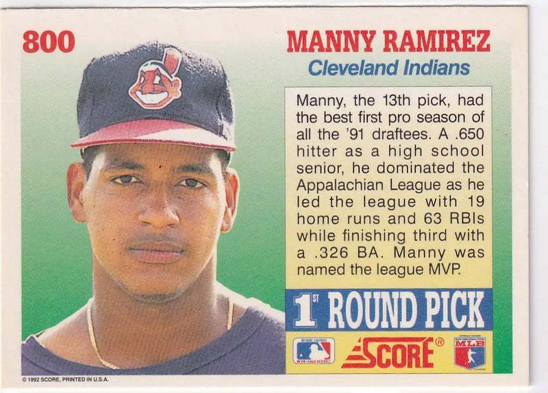 1992 SCORE #800 MANNY RAMIREZ DRAFT PICK- CLEVELAND INDIANS - Baseball Card Single