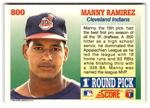 1992 Score #800 Manny Ramirez NM Near Mint RC Rookie Indians ID:81531 - Baseball Card Single