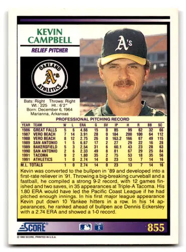 Original gloss Kevin Campbell rookie Athletics baseball card from 1992 Score NM-MT RC