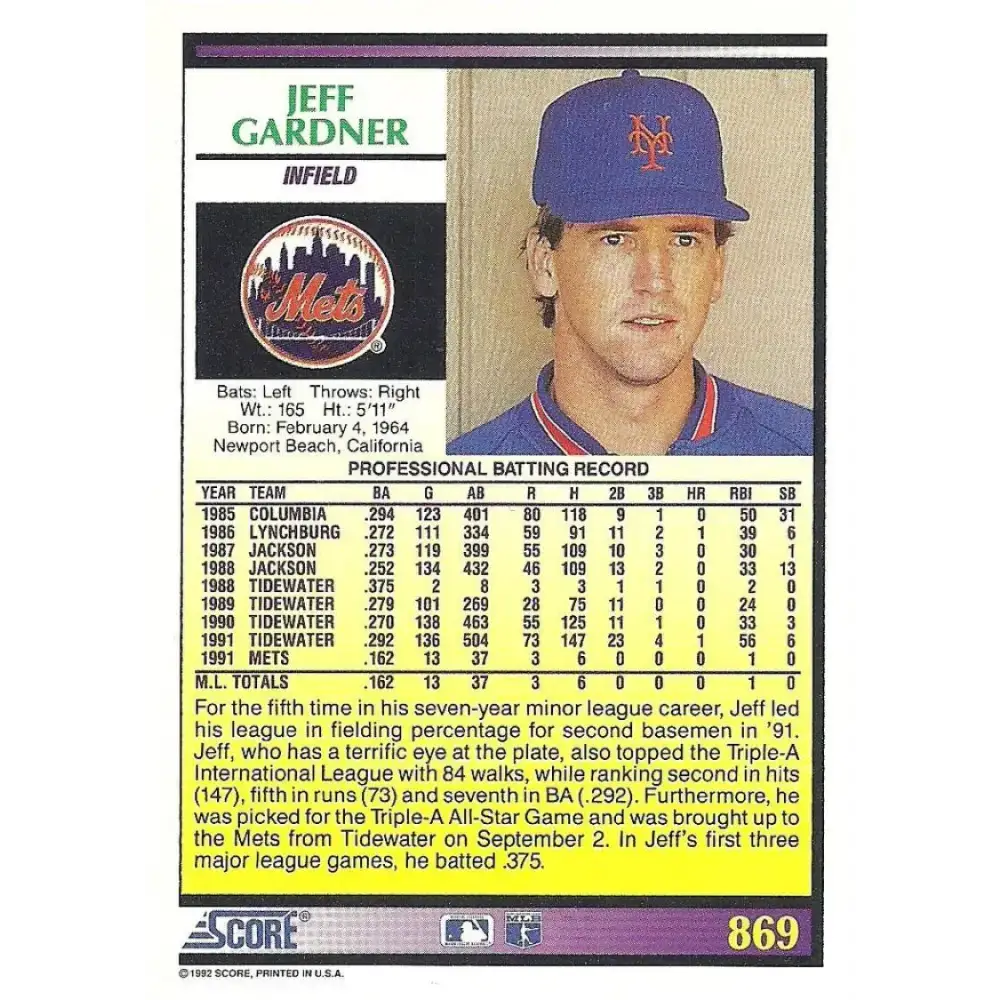 1992 Score #869 Jeff Gardner NM-MT RC Rookie New York Mets Baseball Card - Baseball Card Single
