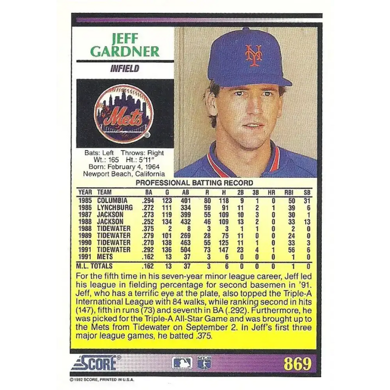1992 Score #869 Jeff Gardner NM-MT RC Rookie New York Mets Baseball Card - Baseball Card Single