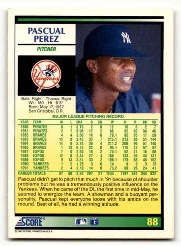 1992 Score #88 Pascual Perez New York Yankees Baseball Cards EX/NM ID:60462 - Baseball Card Single