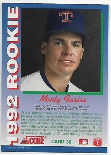 1992 Score Rookies Monty Fariss baseball card in original gloss Near Mint condition