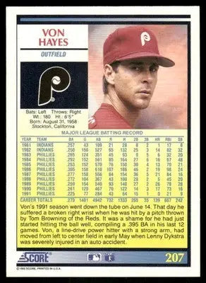 1992 Score Von Hayes #207 Baseball - Baseball Card Single