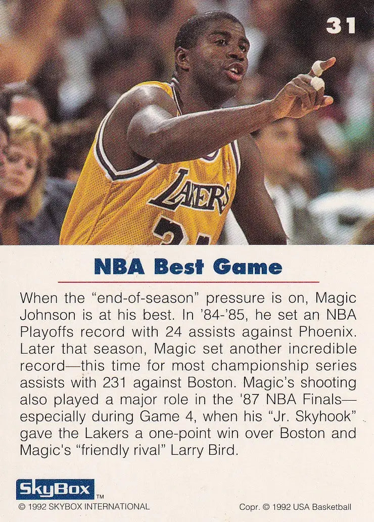 1992 SKYBOX #31 MAGIC JOHNSON USA- LOS ANGELES LAKERS - Basketball Card Single