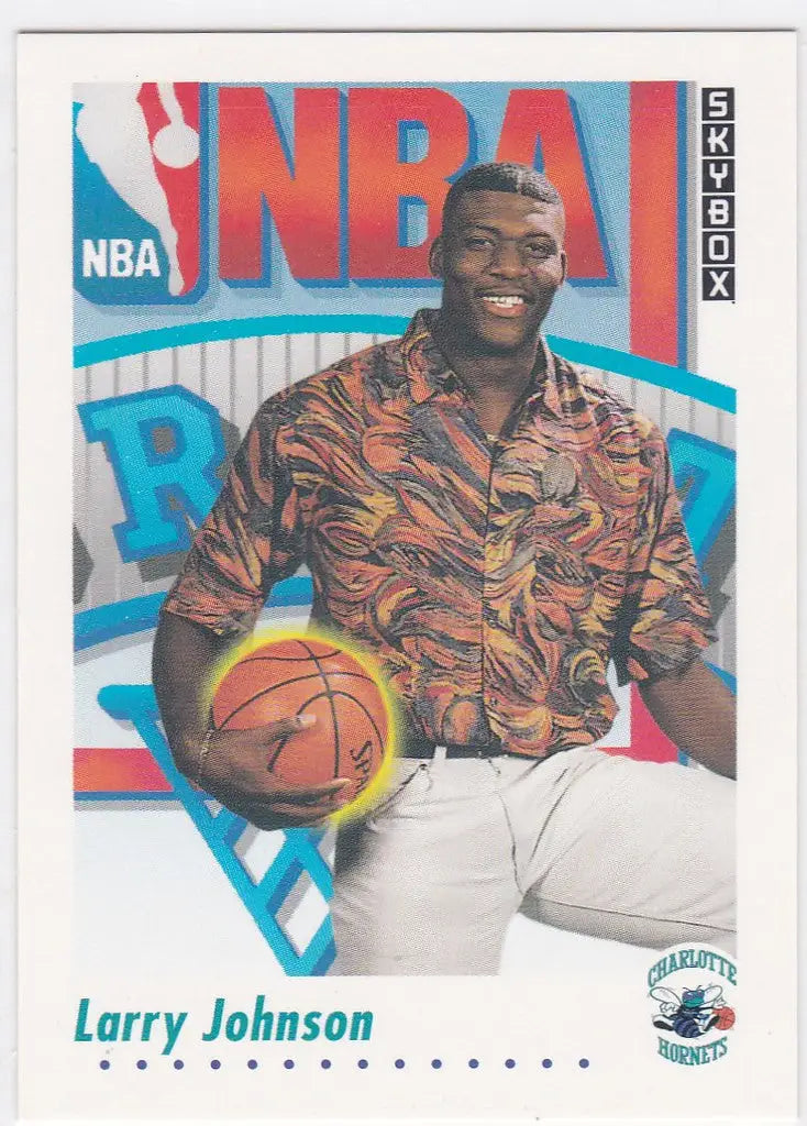 Basketball trading card of Larry Johnson from NBA Draft Charlotte Hornets in colorful shirt