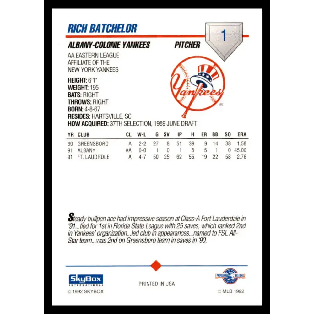 1992 Skybox AA #1 Rich Batchelor Albany-Colonie Yankees NM-MT Baseball Card - Baseball Card Single
