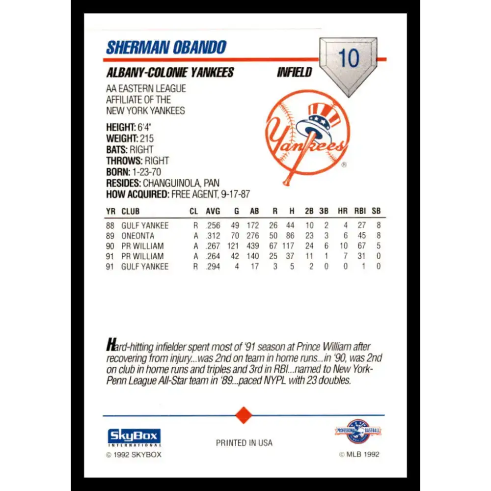 1992 Skybox AA #10 Sherman Obando Albany-Colonie Yankees NM-MT Baseball Card - Baseball Card Single