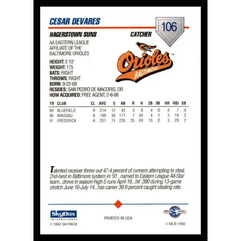 1992 Skybox AA #106 Cesar Devarez Hagerstown Suns NM-MT Baseball Card - Baseball Card Single