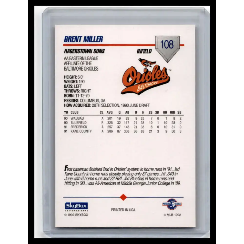 1992 Skybox AA #108 Brent Miller Hagerstown Suns NM-MT Baseball Card - Baseball Card Single