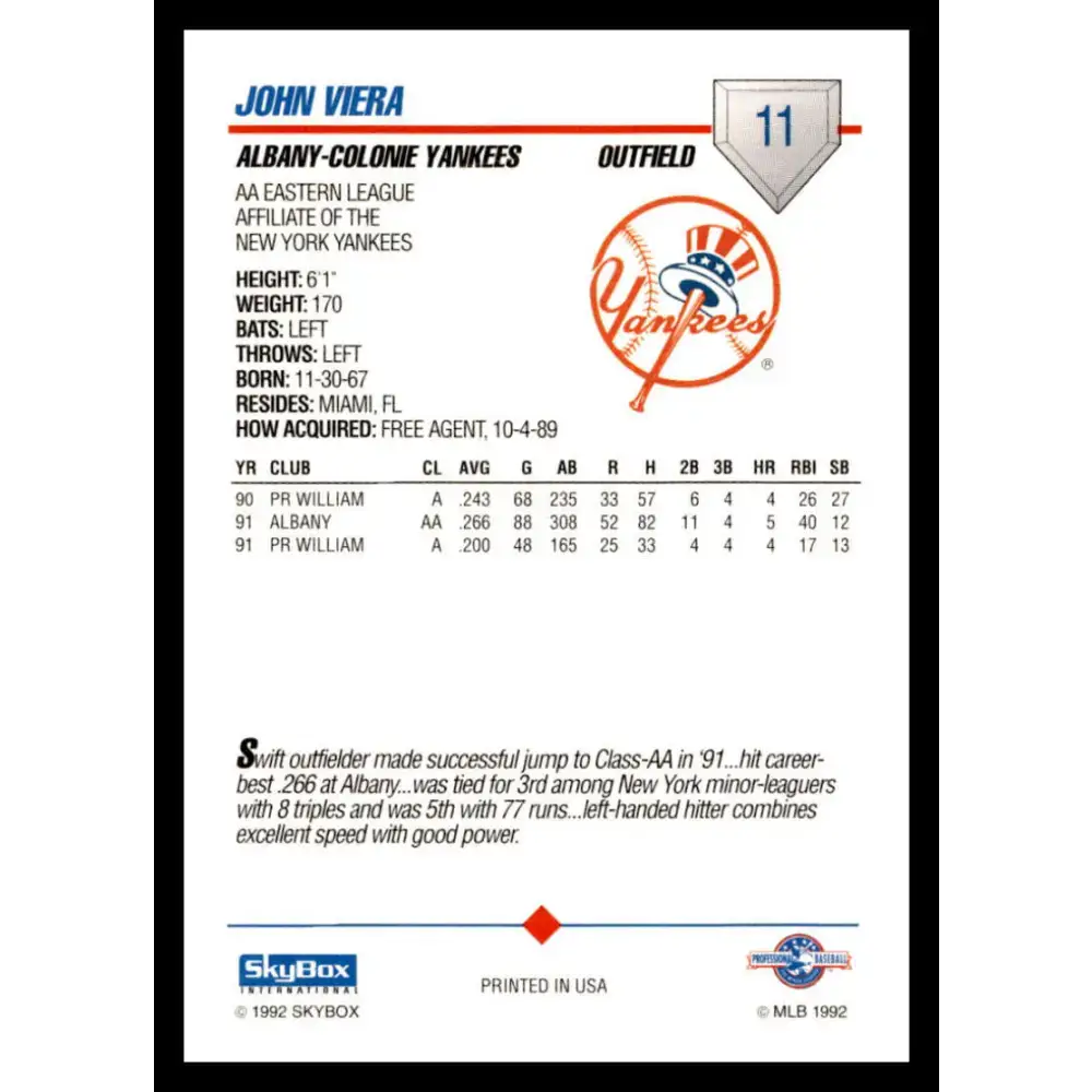 1992 Skybox AA #11 John Viera Albany-Colonie Yankees NM-MT Baseball Card - Baseball Card Single