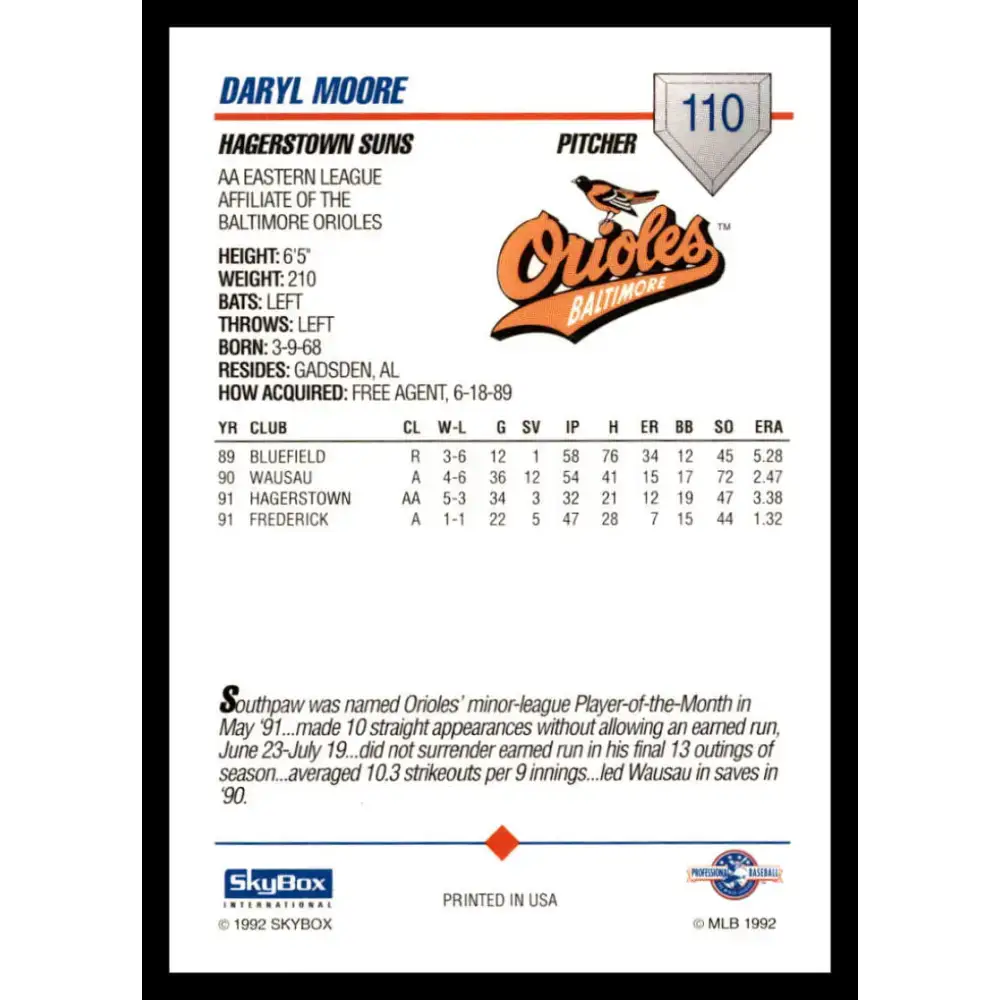 1992 Skybox AA #110 Daryl Moore Hagerstown Suns NM-MT Baseball Card - Baseball Card Single