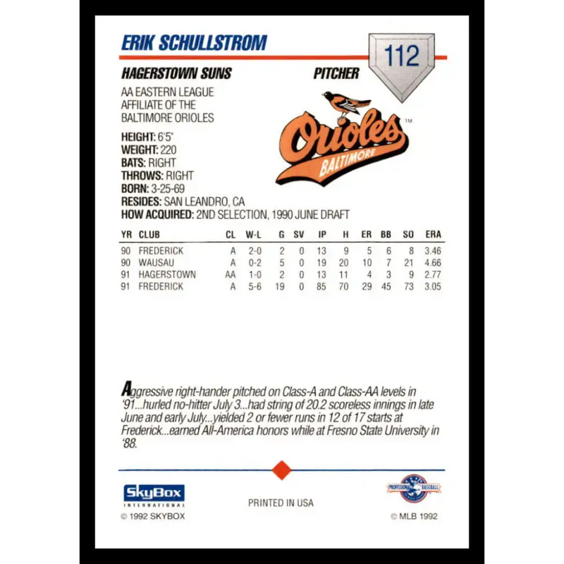 1992 Skybox AA #112 Erik Schullstrom Hagerstown Suns NM-MT Baseball Card - Baseball Card Single