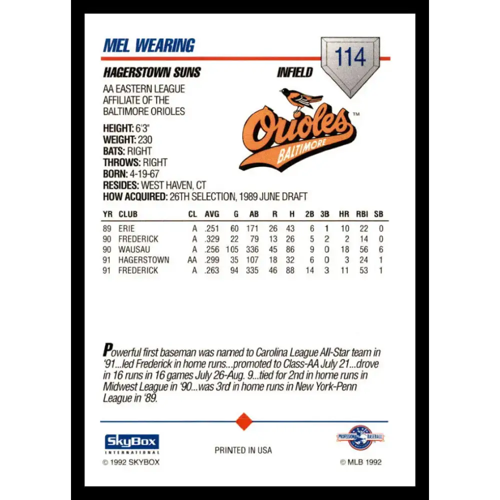 1992 Skybox AA #114 Mel Wearing Hagerstown Suns NM-MT Baseball Card - Baseball Card Single