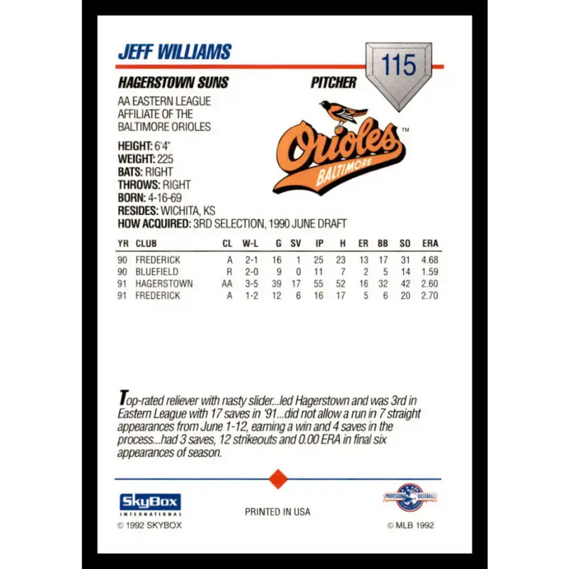 1992 Skybox AA #115 Jeff Williams Hagerstown Suns NM-MT Baseball Card - Baseball Card Single