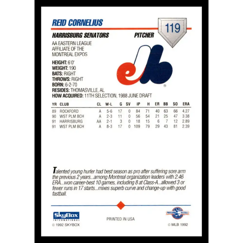 1992 Skybox AA #119 Reid Cornelius Harrisburg Senators NM-MT Baseball Card - Baseball Card Single