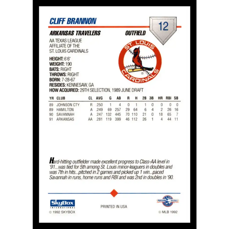 1992 Skybox AA #12 Cliff Brannon Arkansas Travelers NM-MT Baseball Card - Baseball Card Single