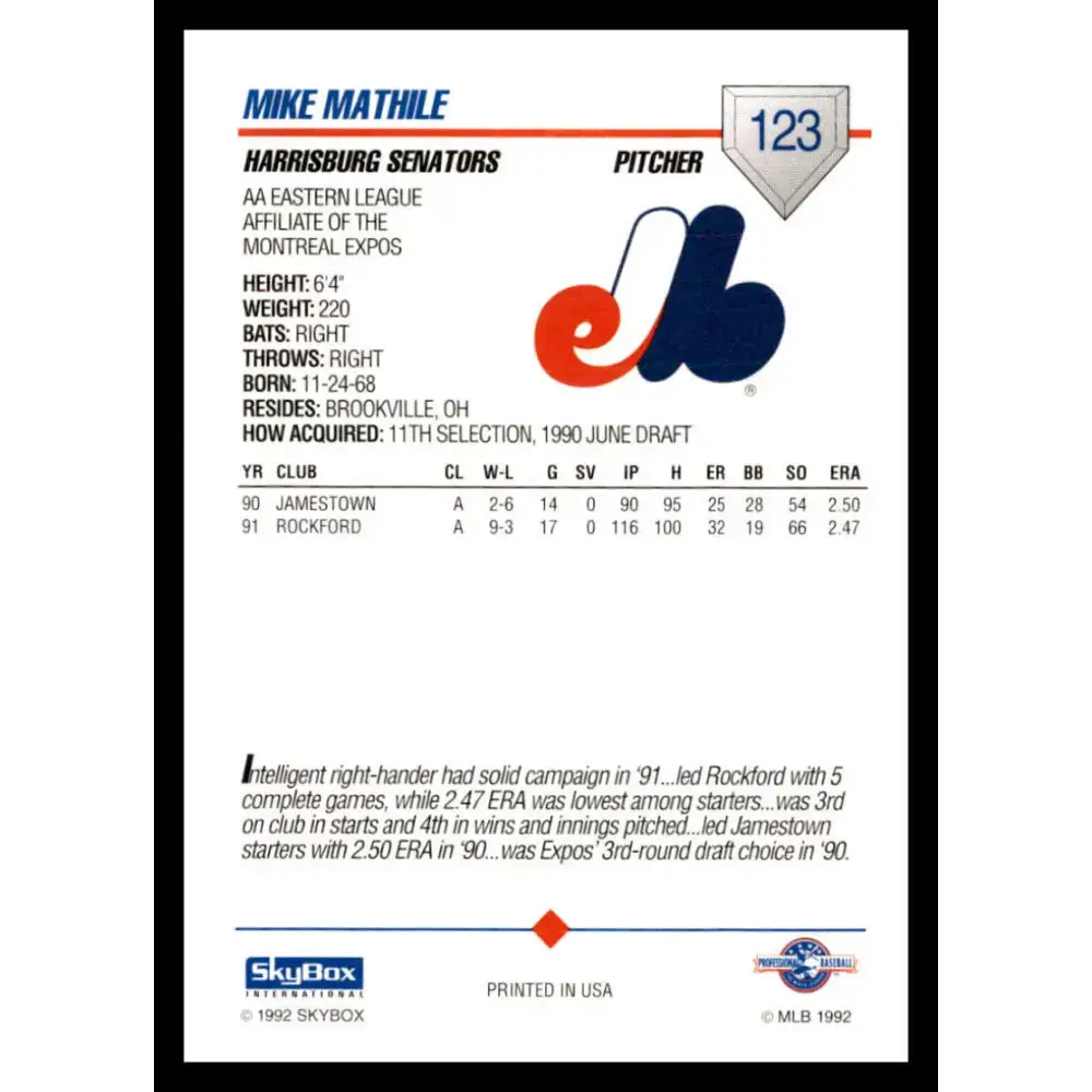1992 Skybox AA #123 Mike Mathile Harrisburg Senators NM-MT Baseball Card - Baseball Card Single