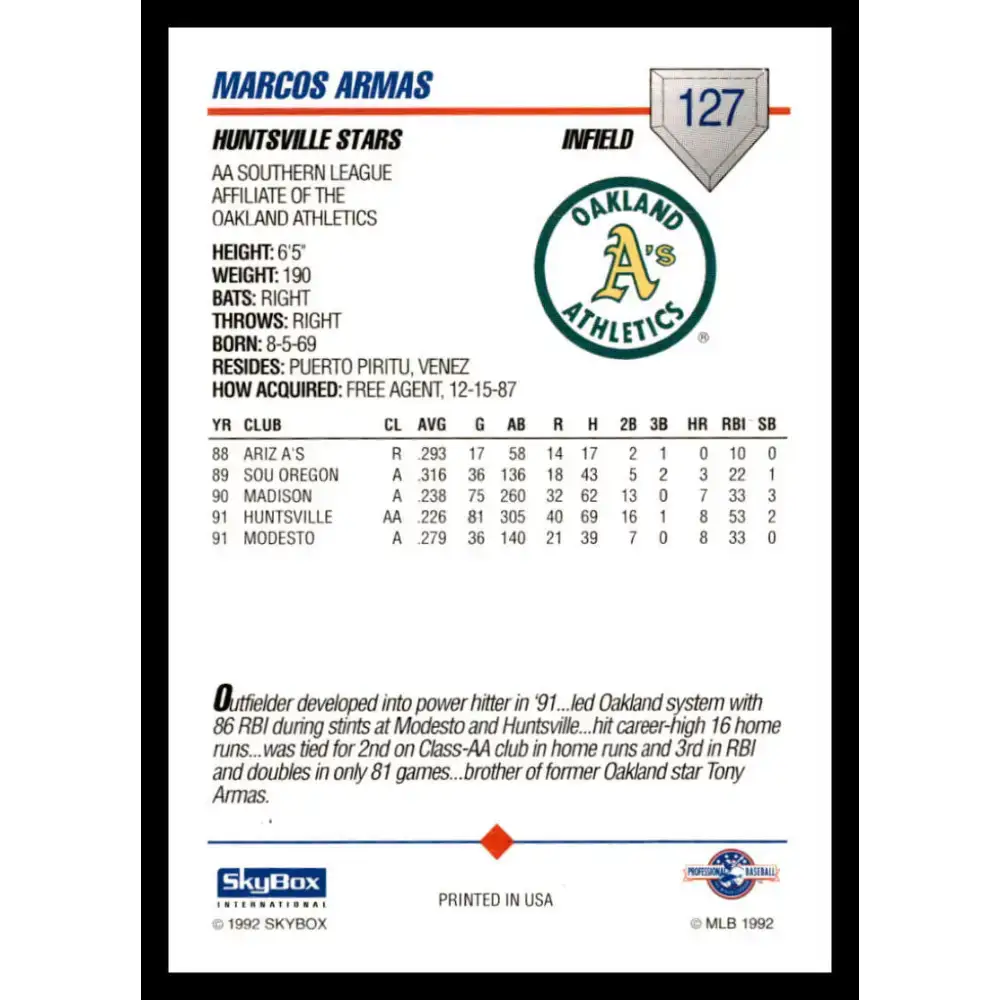 1992 Skybox AA #127 Marcos Armas Huntsville Stars NM-MT Baseball Card - Baseball Card Single