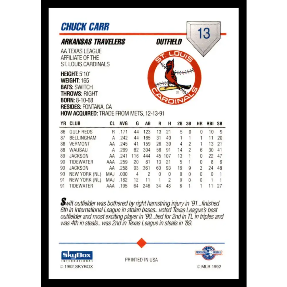 1992 Skybox AA #13 Chuck Carr Arkansas Travelers NM-MT Baseball Card - Baseball Card Single