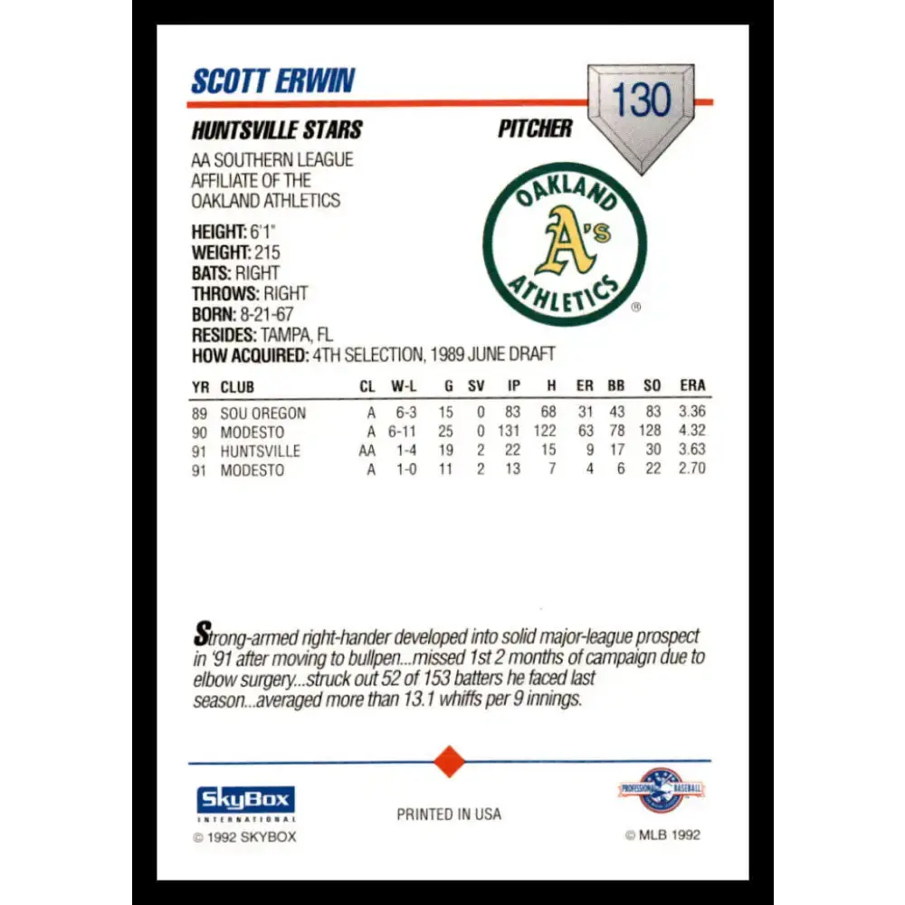 1992 Skybox AA #130 Scott Erwin Huntsville Stars NM-MT Baseball Card - Baseball Card Single