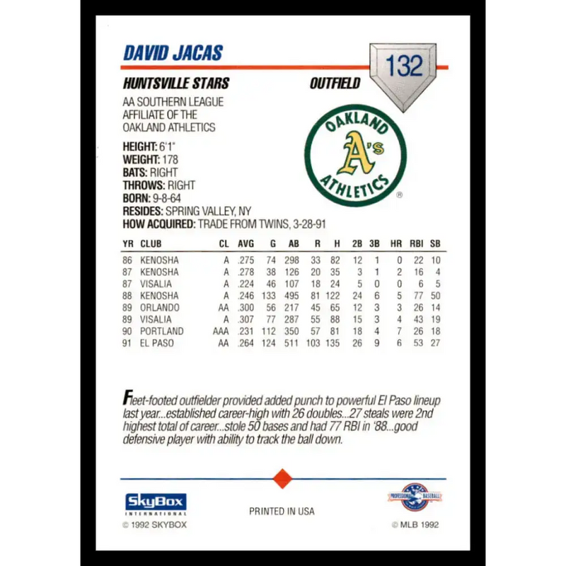 1992 Skybox AA #132 David Jacas Huntsville Stars NM-MT Baseball Card - Baseball Card Single