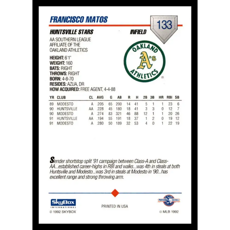 1992 Skybox AA #133 Francisco Matos Huntsville Stars NM-MT Baseball Card - Baseball Card Single