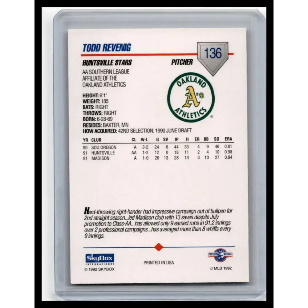 1992 Skybox AA #136 Todd Revenig Huntsville Stars NM-MT Baseball Card - Baseball Card Single