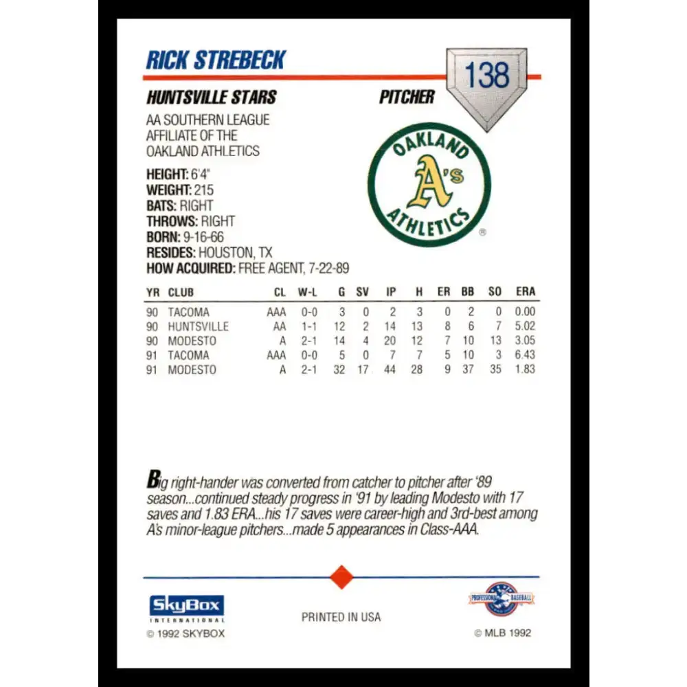 1992 Skybox AA #138 Ricky Strebeck Huntsville Stars NM-MT Baseball Card - Baseball Card Single