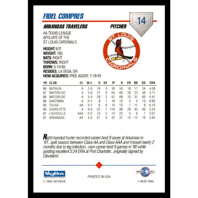 1992 Skybox AA #14 Fidel Compres Arkansas Travelers NM-MT Baseball Card - Baseball Card Single
