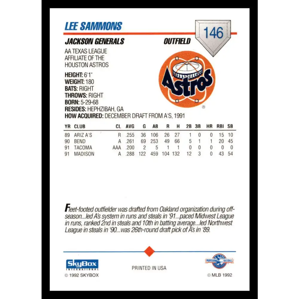 1992 Skybox AA #146 Lee Sammons Jackson Generals NM-MT Baseball Card - Baseball Card Single