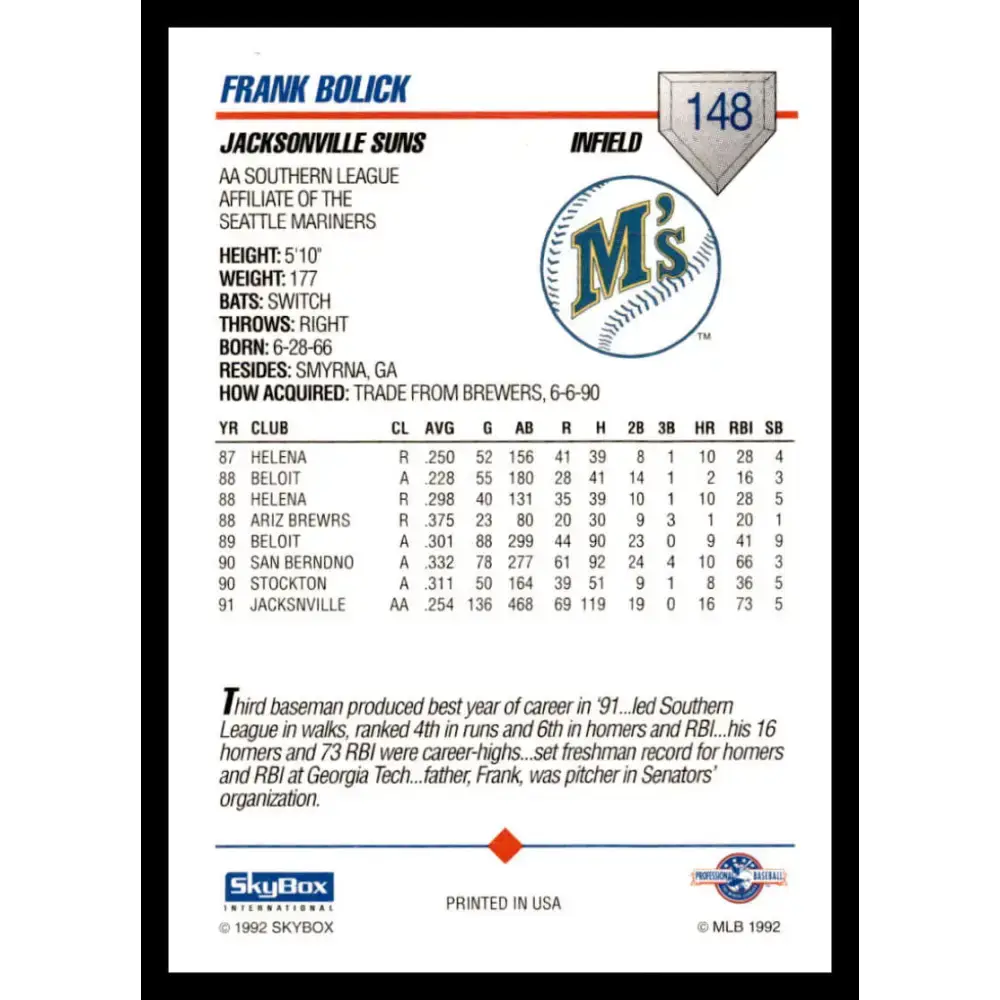 1992 Skybox AA #148 Frank Bolick Jacksonville Suns NM-MT Baseball Card - Baseball Card Single