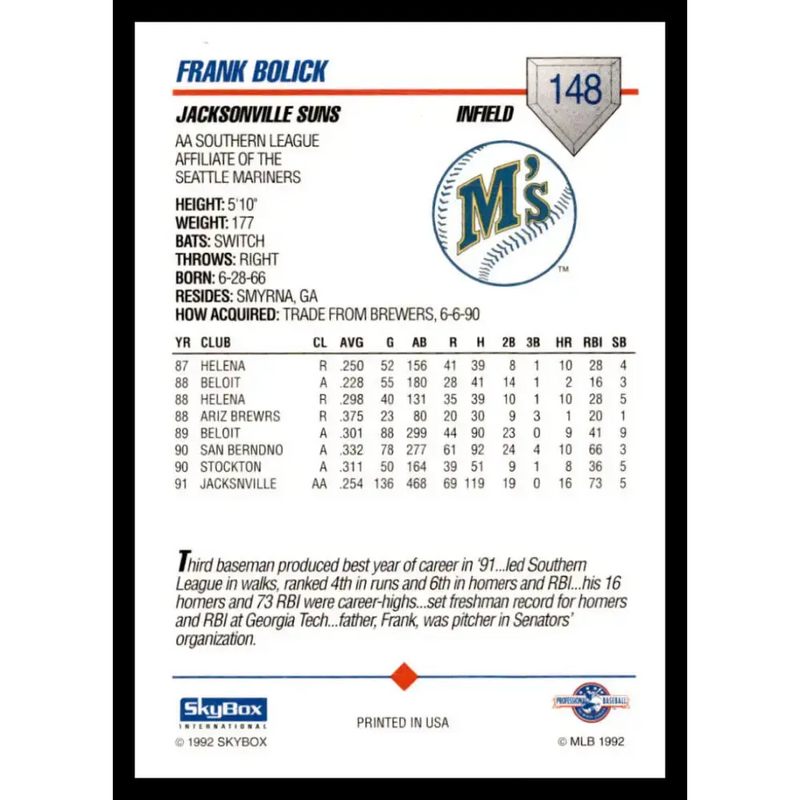 1992 Skybox AA #148 Frank Bolick Jacksonville Suns NM-MT Baseball Card - Baseball Card Single