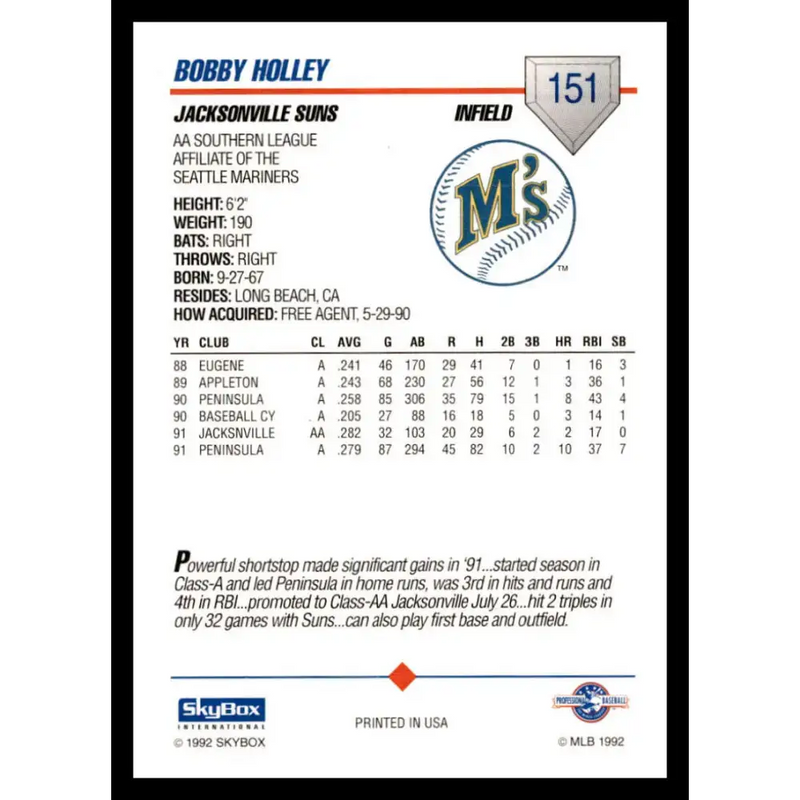 1992 Skybox AA #151 Bobby Holley Jacksonville Suns NM-MT Baseball Card - Baseball Card Single