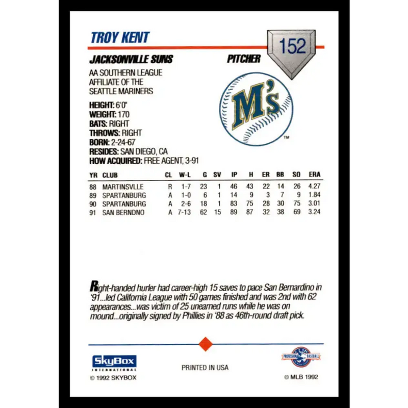 1992 Skybox AA #152 Troy Kent Jacksonville Suns NM-MT Baseball Card - Baseball Card Single