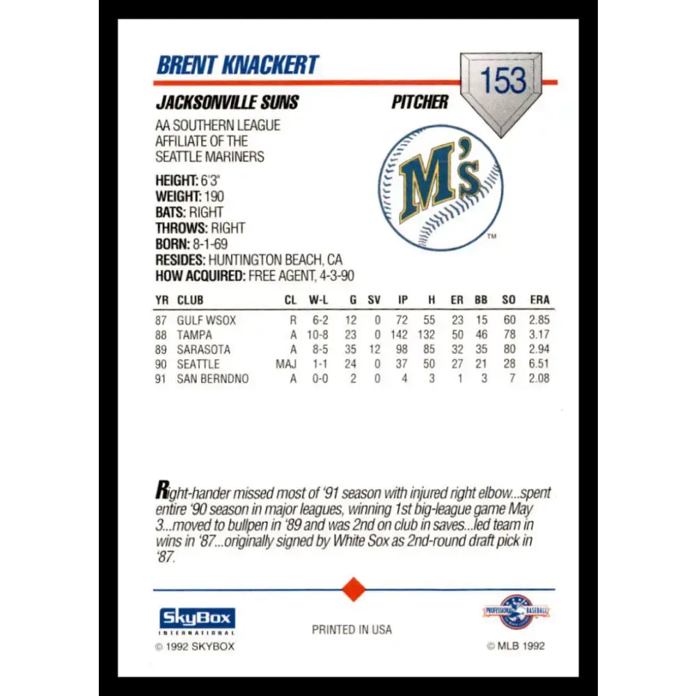 1992 Skybox AA #153 Brent Knackert Jacksonville Suns NM-MT Baseball Card - Baseball Card Single