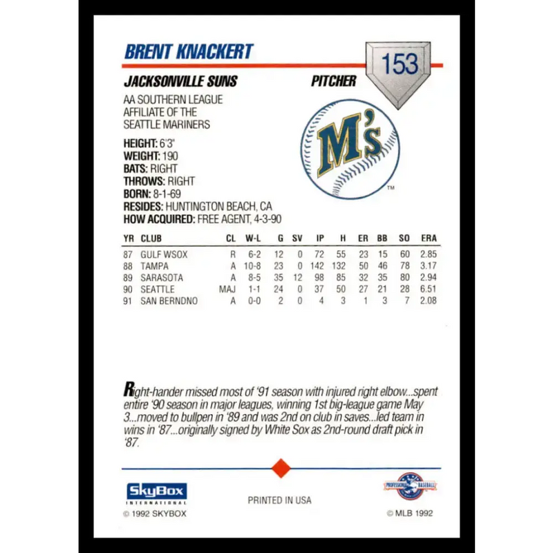 1992 Skybox AA #153 Brent Knackert Jacksonville Suns NM-MT Baseball Card - Baseball Card Single