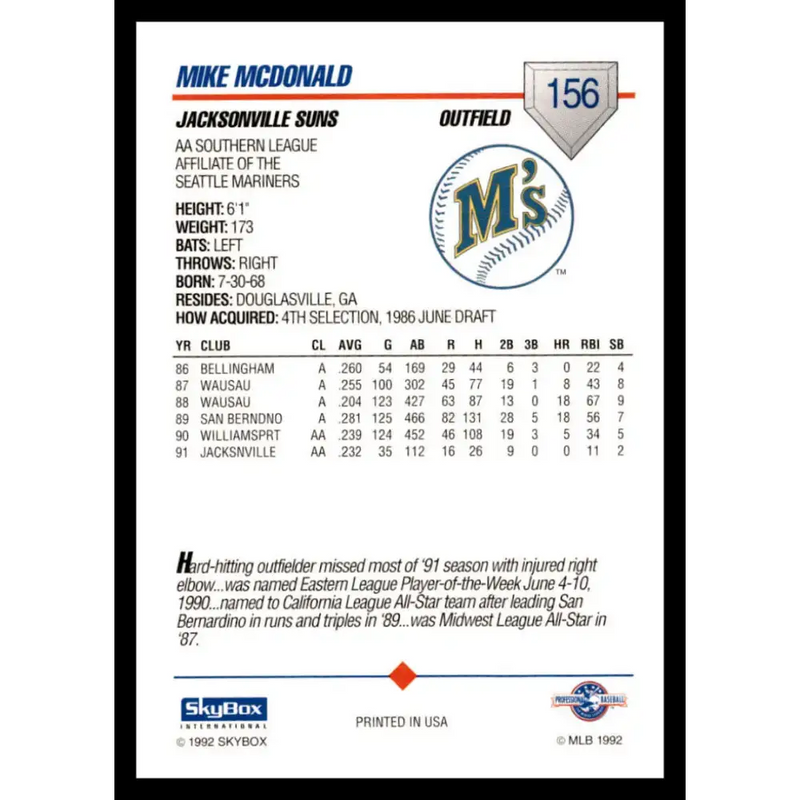 1992 Skybox AA #156 Mike McDonald Jacksonville Suns NM-MT Baseball Card - Baseball Card Single