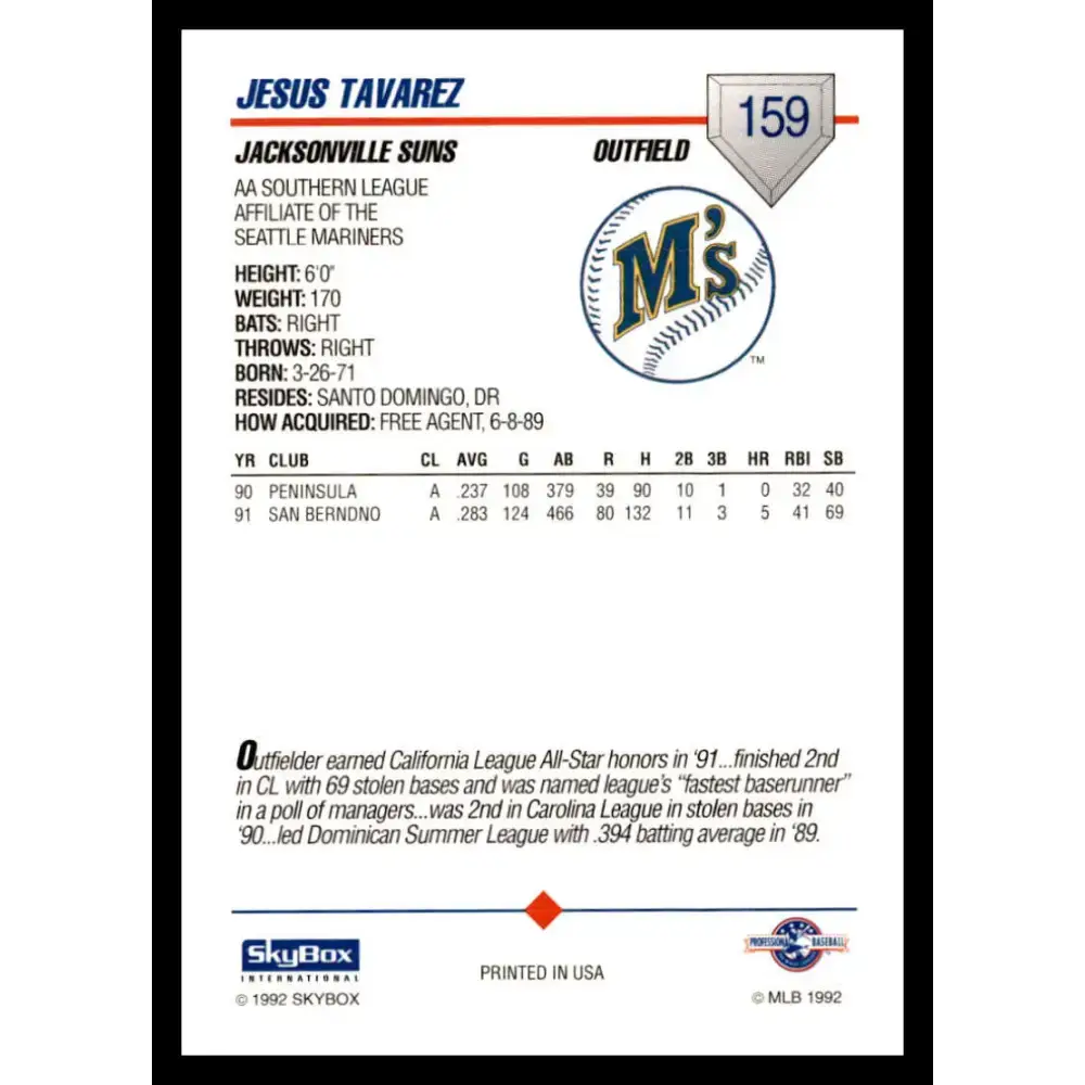 1992 Skybox AA #159 Jesus Tavarez Jacksonville Suns NM-MT Baseball Card - Baseball Card Single