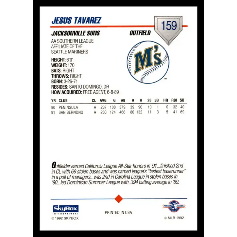 1992 Skybox AA #159 Jesus Tavarez Jacksonville Suns NM-MT Baseball Card - Baseball Card Single