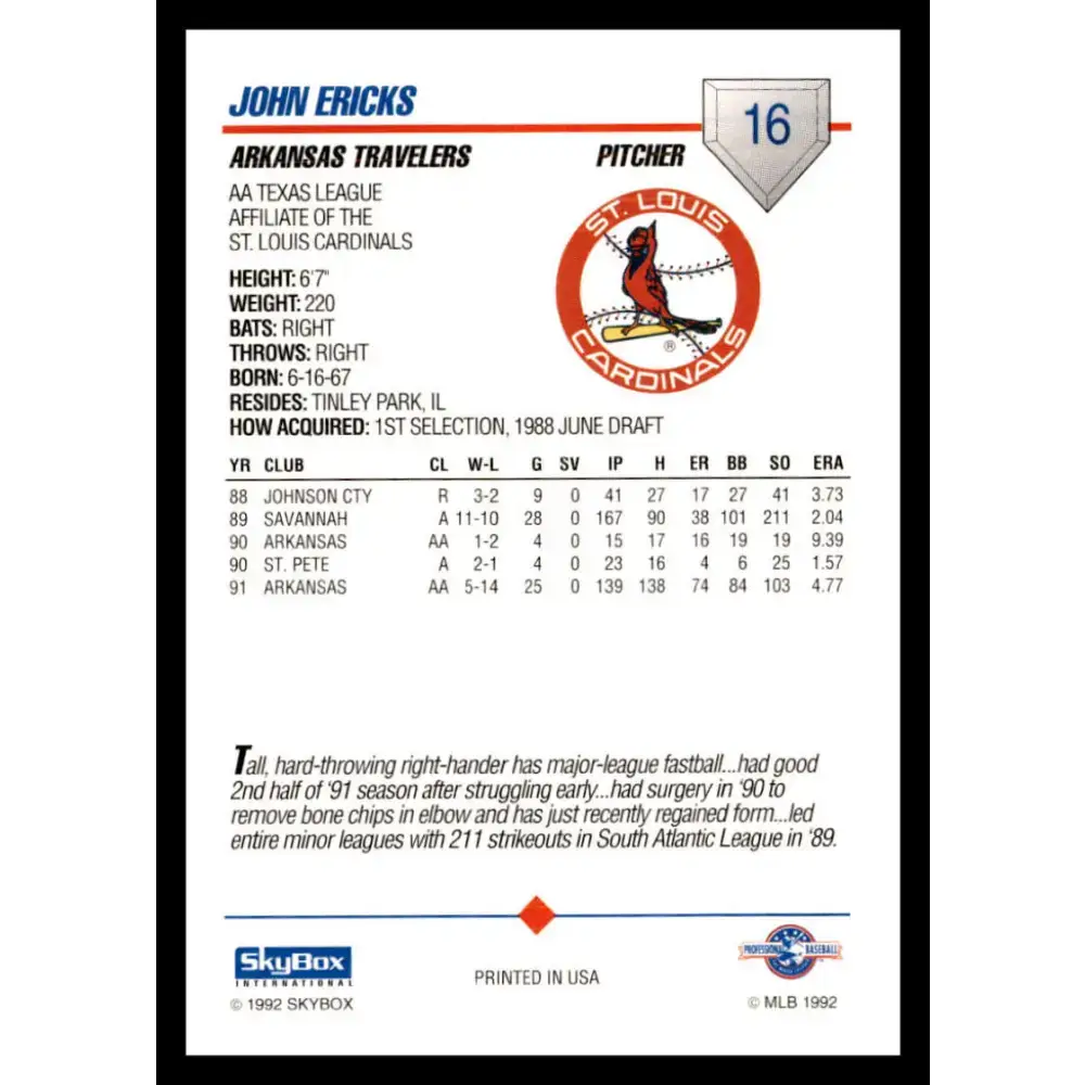 1992 Skybox AA #16 John Ericks Arkansas Travelers NM-MT Baseball Card - Baseball Card Single