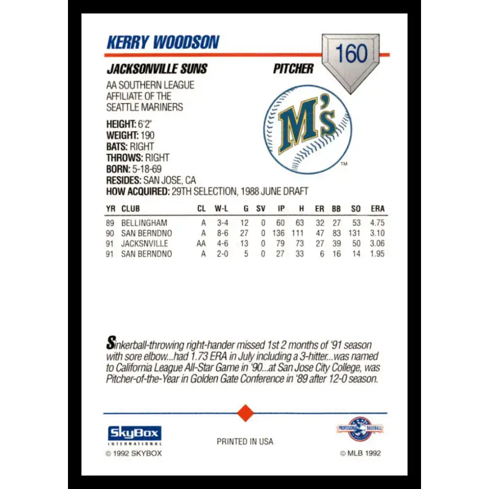 1992 Skybox AA #160 Kerry Woodson Jacksonville Suns NM-MT Baseball Card - Baseball Card Single