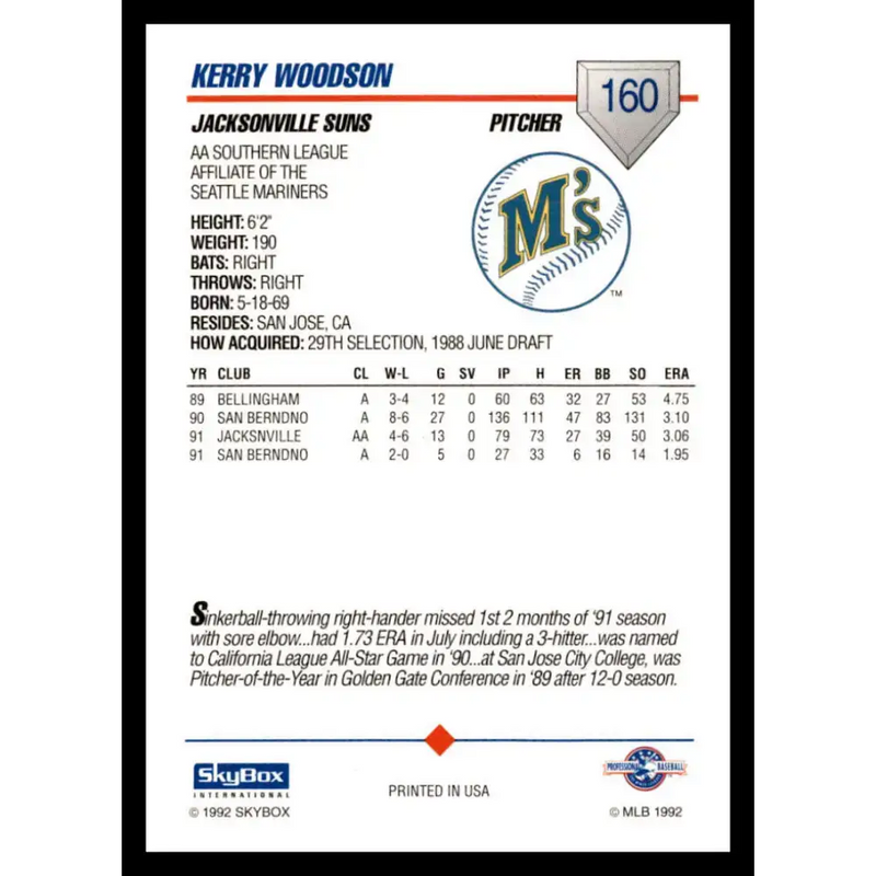 1992 Skybox AA #160 Kerry Woodson Jacksonville Suns NM-MT Baseball Card - Baseball Card Single